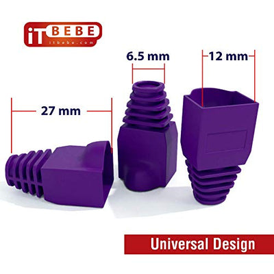 Gold plated RJ45 Cat6a pass through connectors and purple strain relief boots for 23 AWG cables