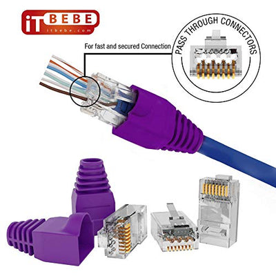 Gold plated RJ45 Cat6a pass through connectors and purple strain relief boots for 23 AWG cables