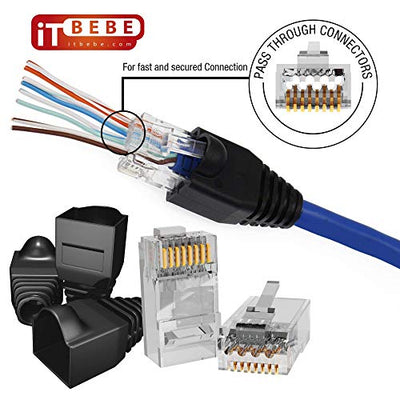 Gold plated RJ45 Cat6a pass through connectors and black strain relief boots for 23 AWG cables