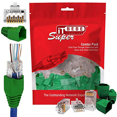 Gold plated RJ45 Cat6a pass through connectors and green strain relief boots for 23 AWG cables