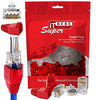 Gold plated RJ45 Cat6a pass through connectors and red strain relief boots for 23 AWG cables