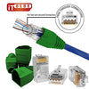 Gold plated RJ45 Cat6a pass through connectors and green strain relief boots for 23 AWG cables