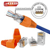 Gold plated RJ45 Cat6a pass through connectors and orange strain relief boots for 23 AWG cables