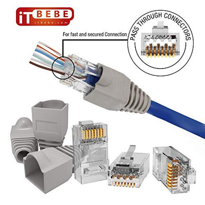 Gold plated RJ45 Cat6a pass through connectors and lite-grey strain relief boots for 23 AWG cables