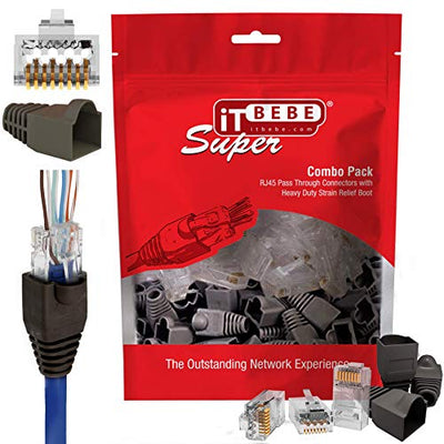 Gold plated RJ45 Cat6a pass through connectors and dark grey strain relief boots for 23 AWG cables