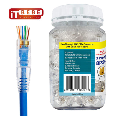ITBEBE Gold-Plated Pass Through RJ45 Cat6 Connectors and Cable Strain Relief 50/50 Kit